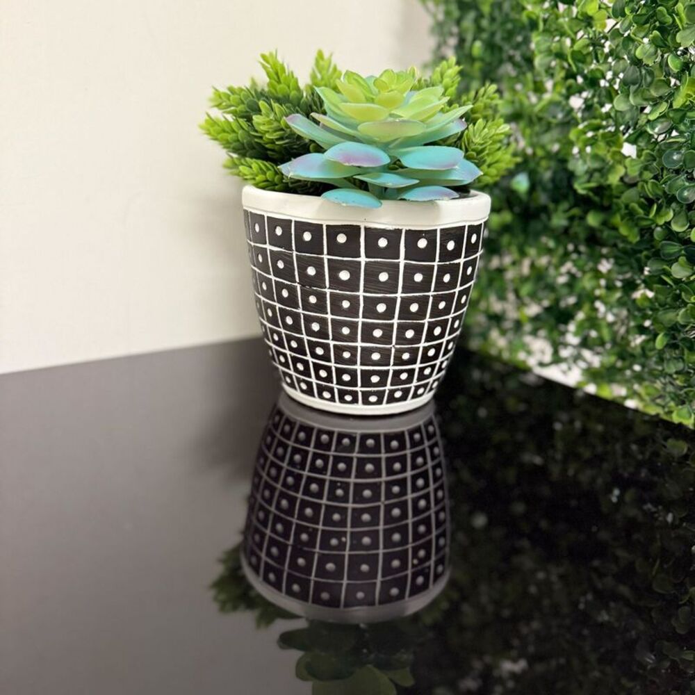 Black and White Ceramic Geometric Pattern Planter Pots 4.75 Inches High